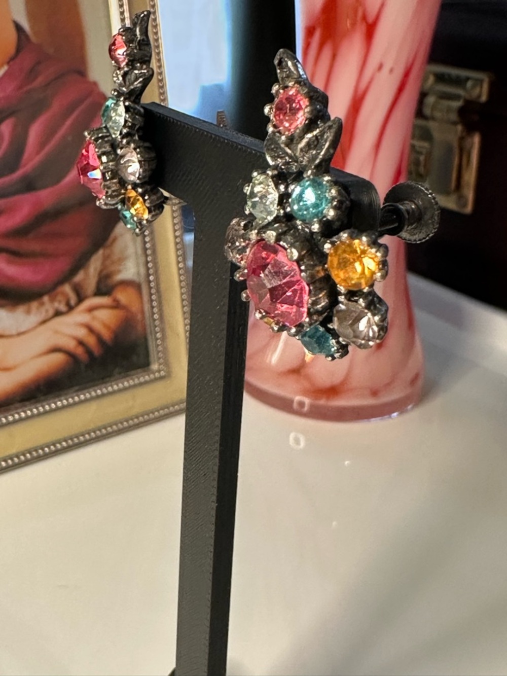 Vintage Coro Rhinestone Earrings Screw Back Multi Color Floral Cluster 1950s - Picture 6 of 16